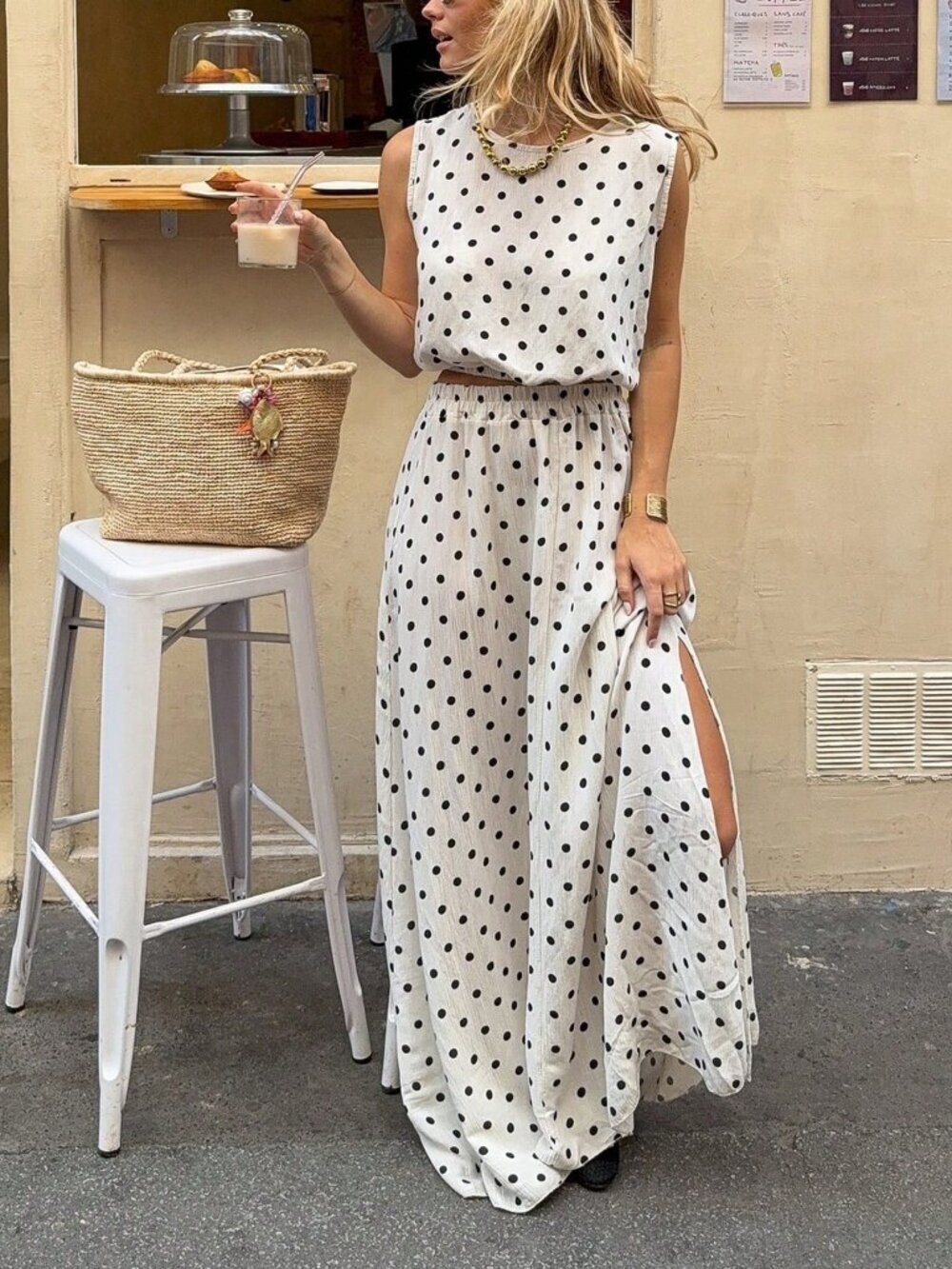Black And White Casual Women's With Polka Dots Set